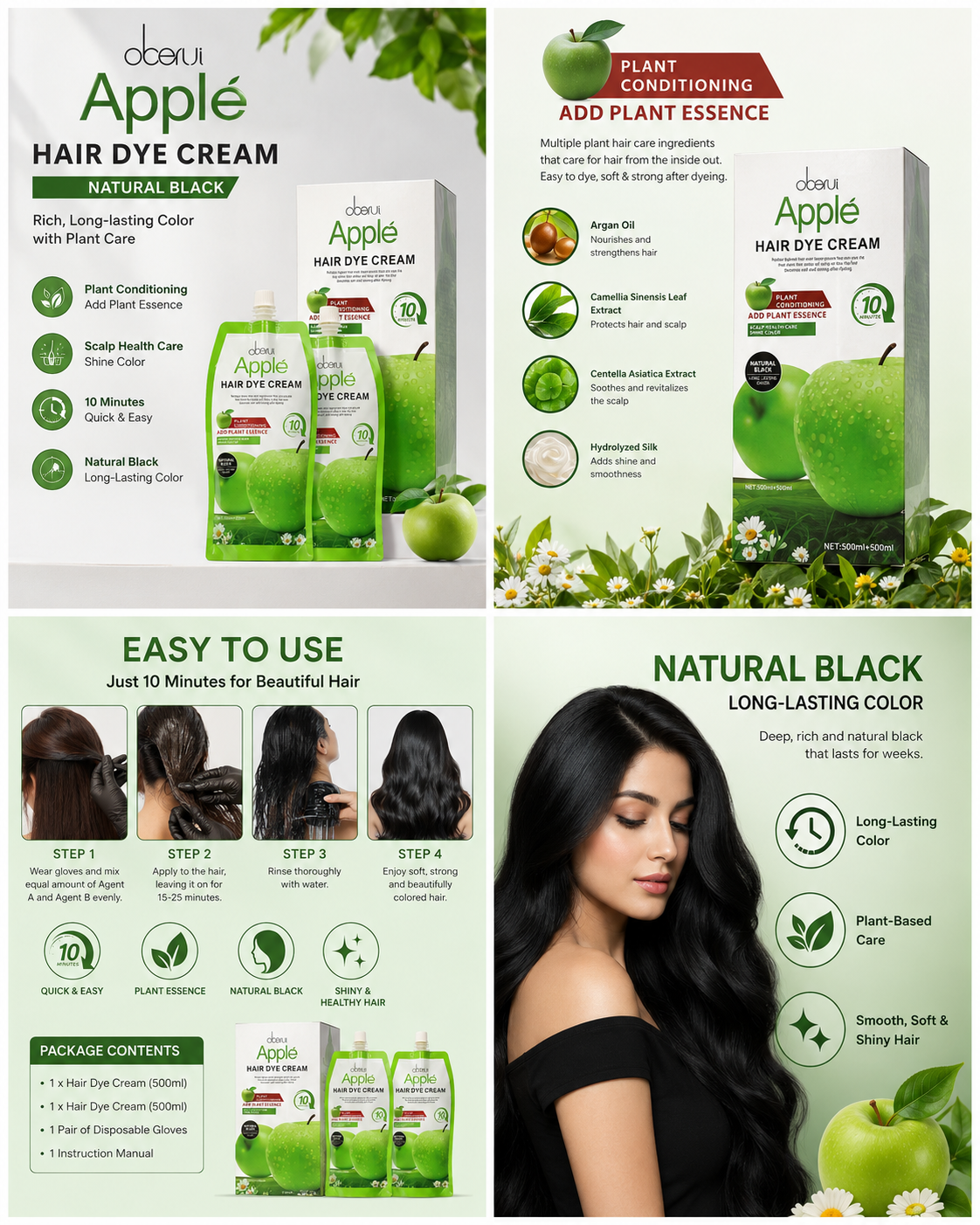 Oberui Apple Plant Essence Hair Dye Cream – Natural Black Long-Lasting Hair Color (500ml + 500ml)
