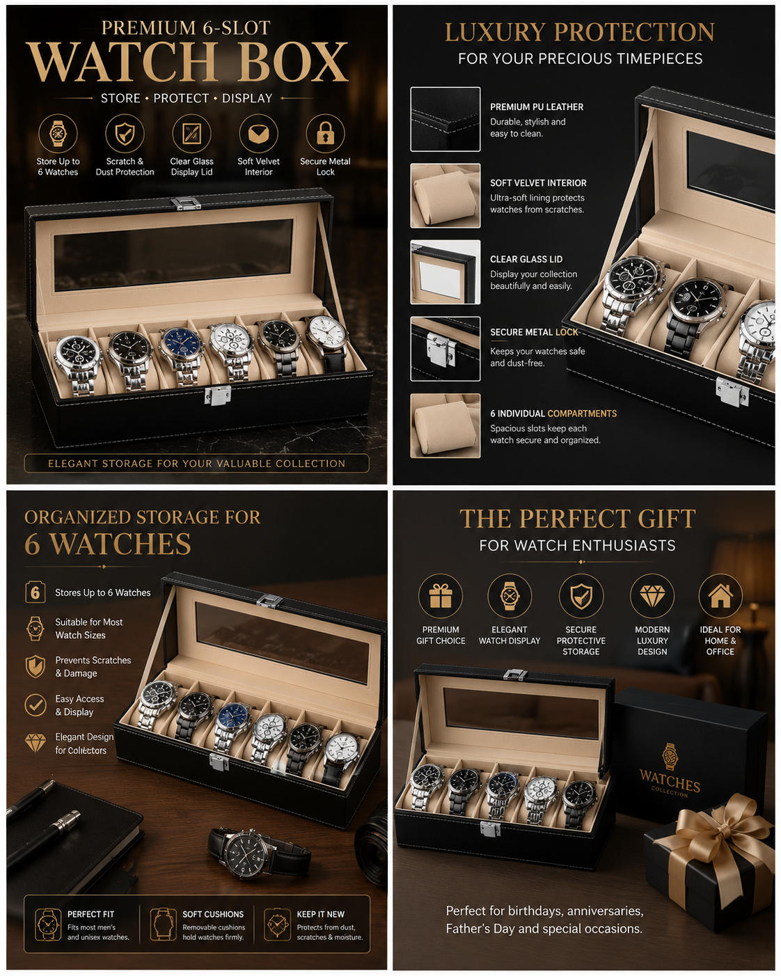 Premium 6-Slot Luxury Watch Storage & Display Box with Glass Lid