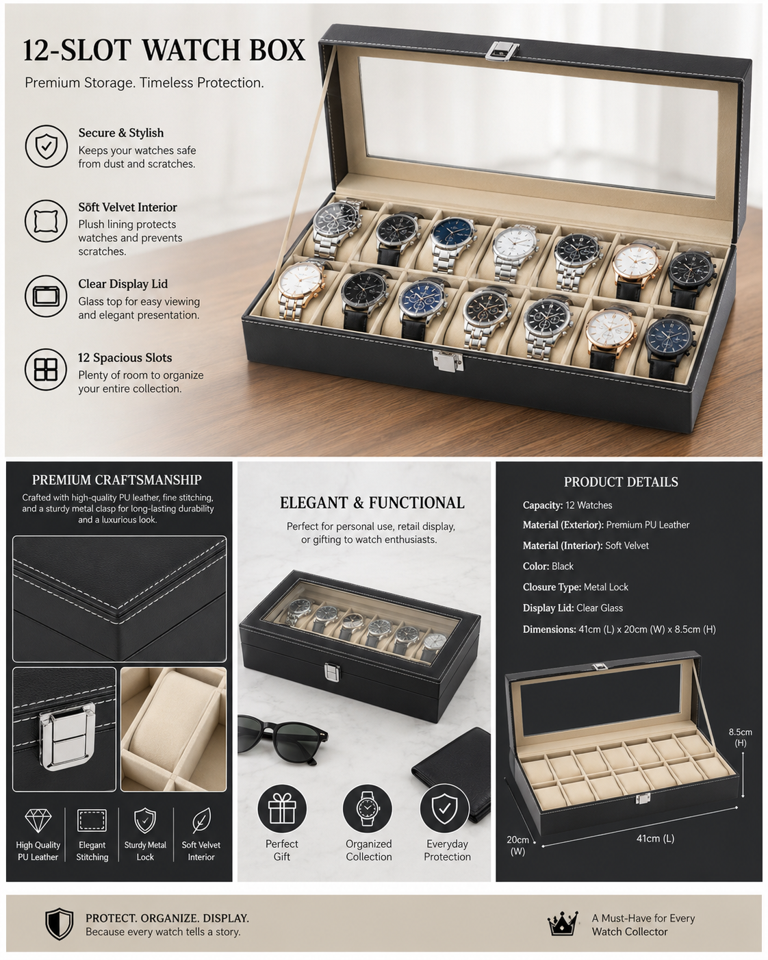 Premium 12-Slot Watch Box Organizer with Glass Display Lid – Black PU Leather