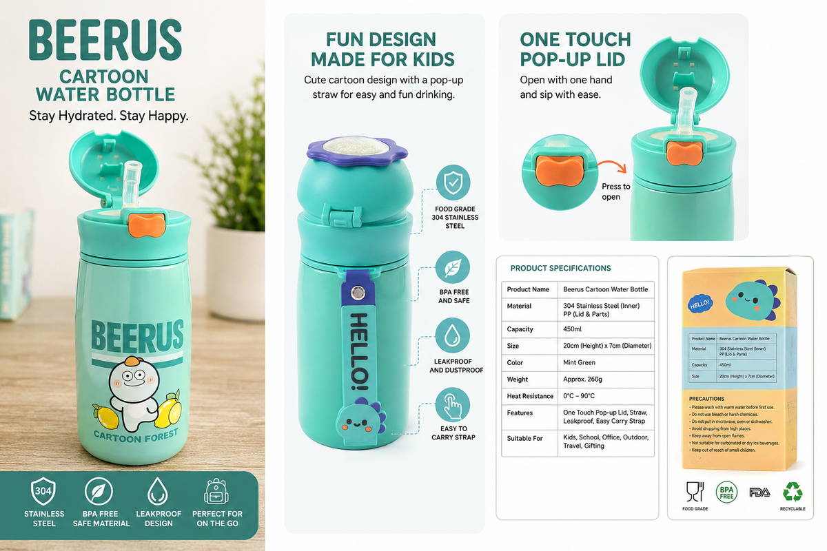 BEERUS Cartoon Kids Water Bottle Stainless Steel Insulated Water Bottle with Straw – Leakproof Vacuum Flask.(580ml)