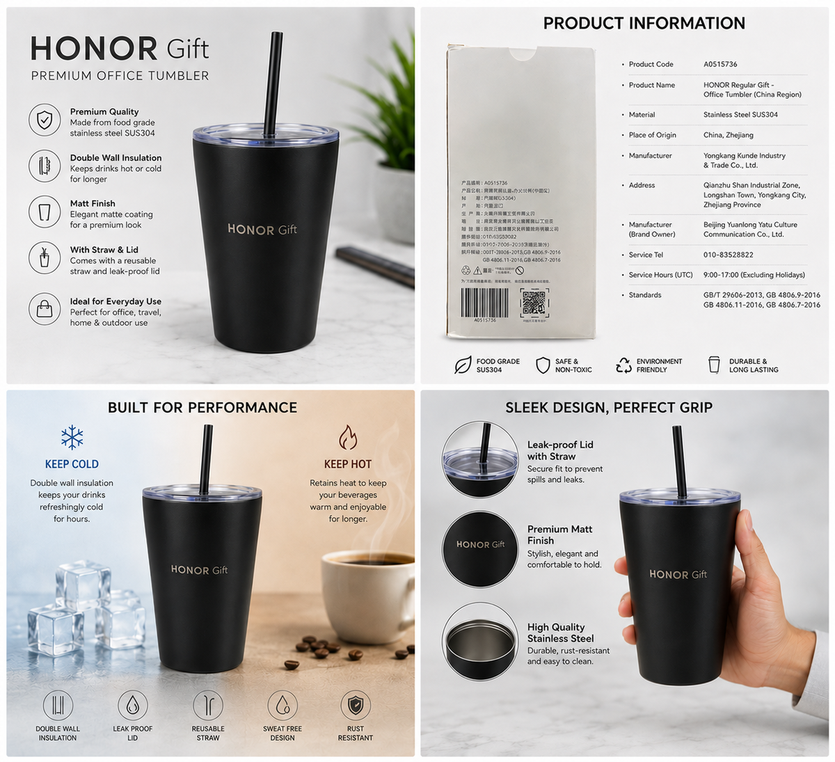 Premium Honor Matte Black Stainless Steel Cup with Straw.