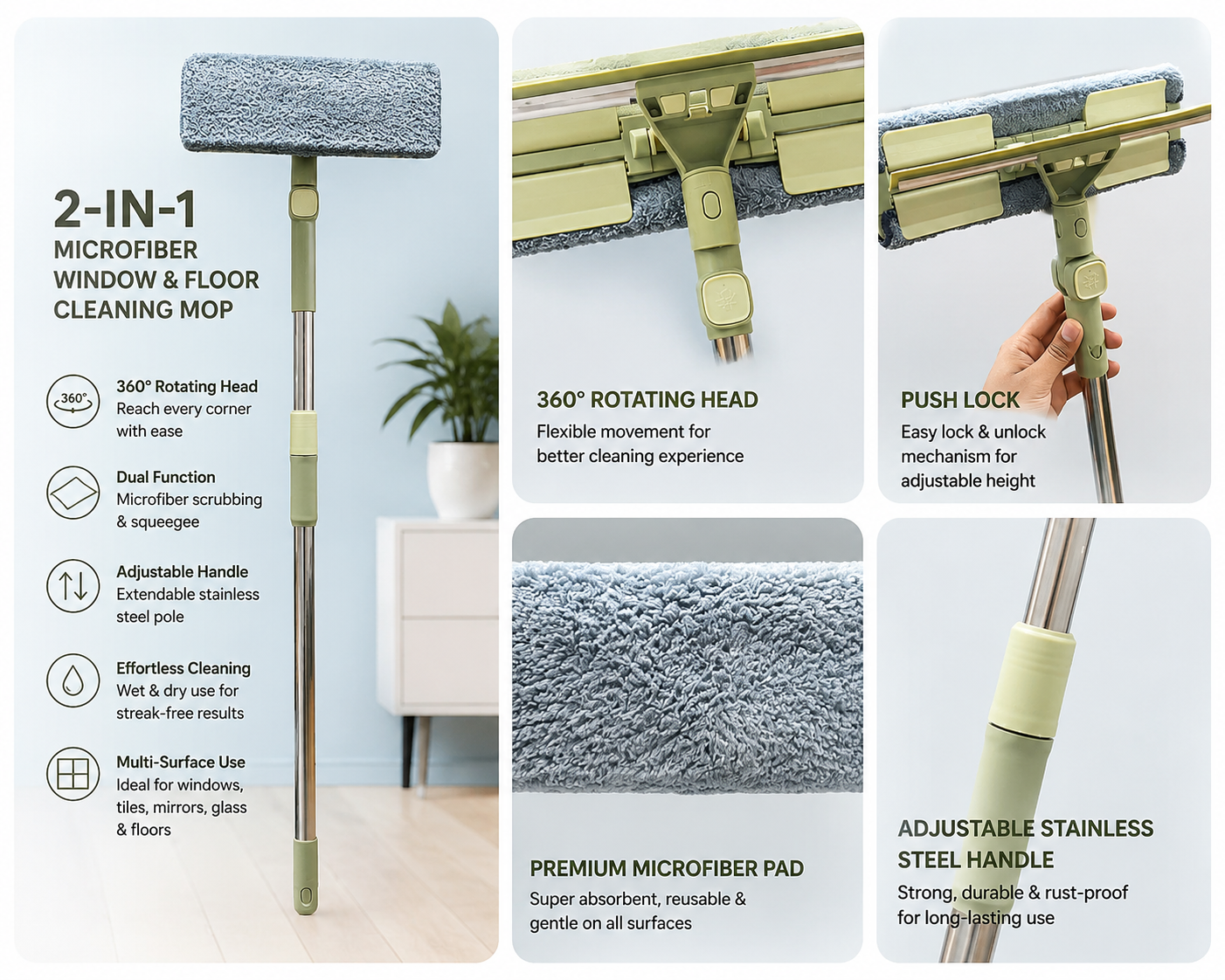 2-in-1 Microfiber Window & Floor Cleaning Mop with & Extendable 58-Inch Stainless Steel Handle