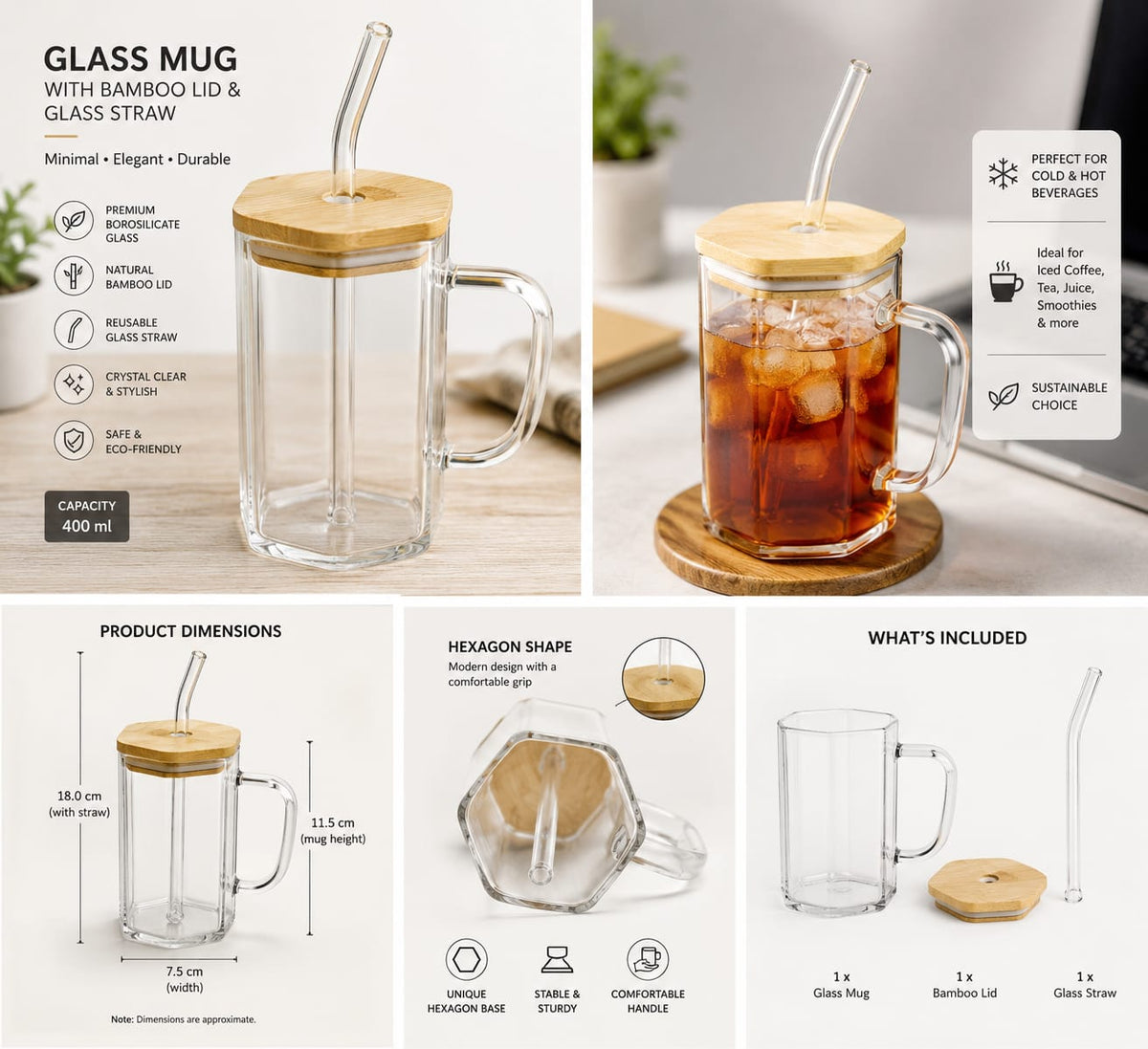 Premium Glass Mug with Bamboo Lid & Reusable Glass Straw. 400ml