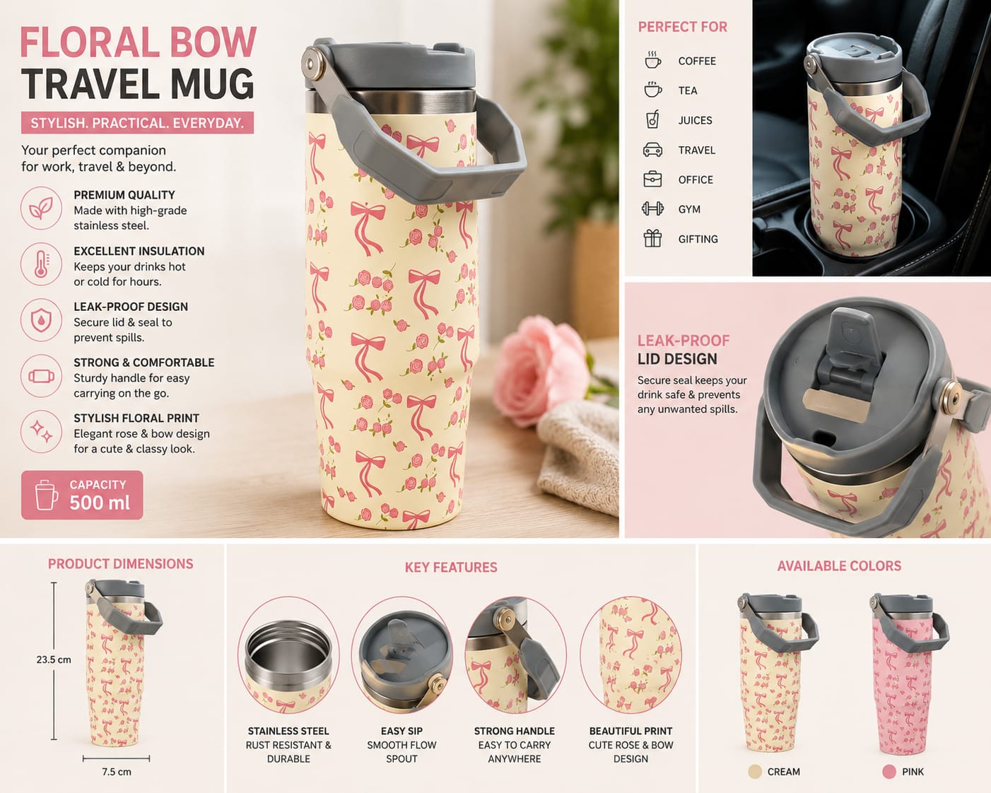Rosé Ribbon Tumbler – 1000ml
