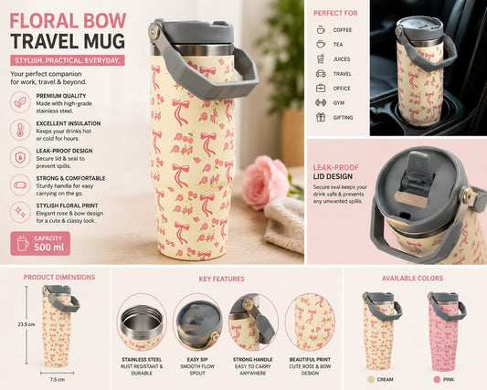 Rosé Ribbon Floral Stainless Steel Travel Mug/Tumbler – 1000ml