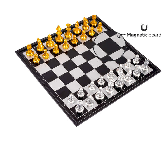 Premium Magnetic Chess Set – Gold & Silver Metallic Pieces | 8" x 8" inch Folding Board.