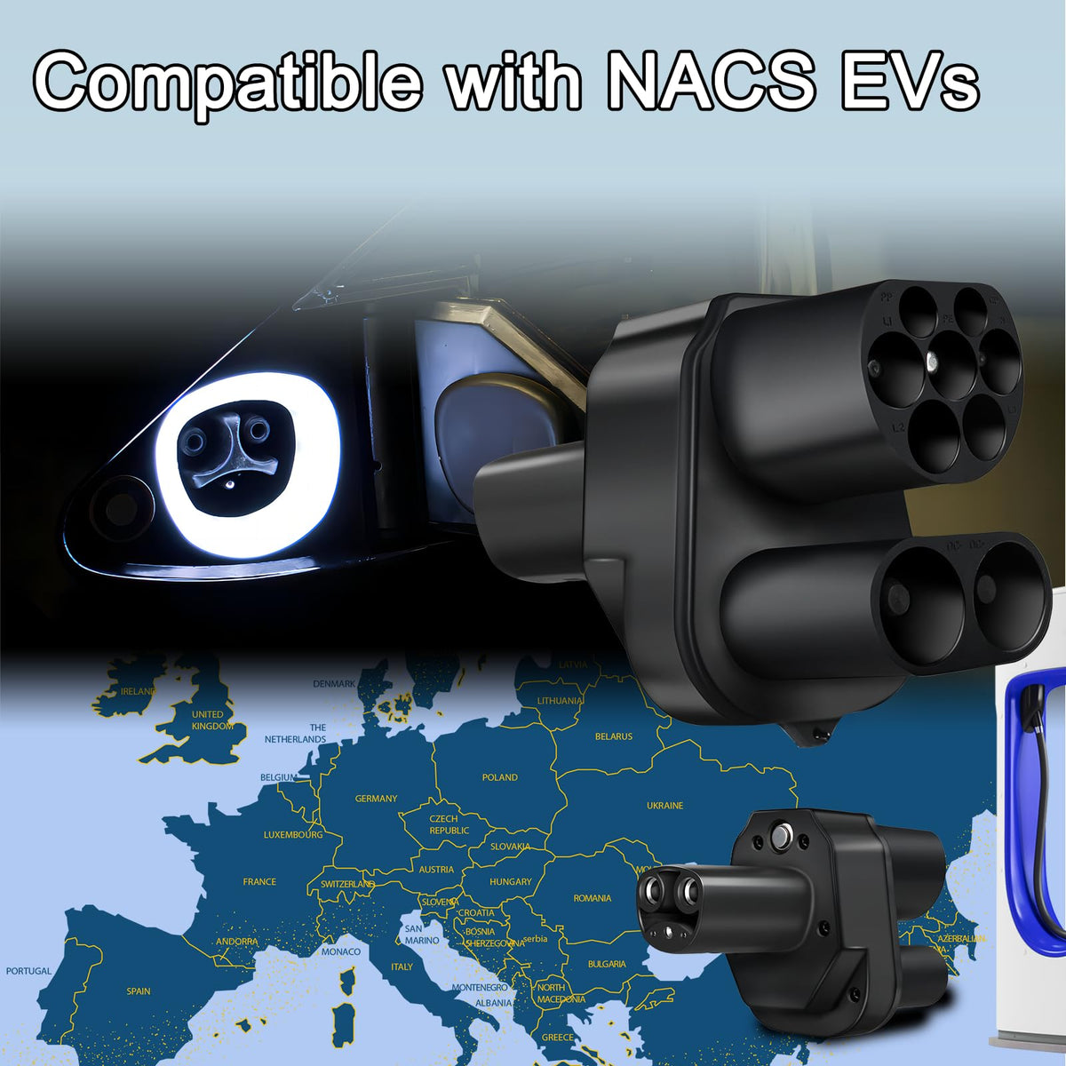 CCS2 to Tesla Adapter, 300A 1000V AC/DC CCS2 to Tesla Charging Adapter.