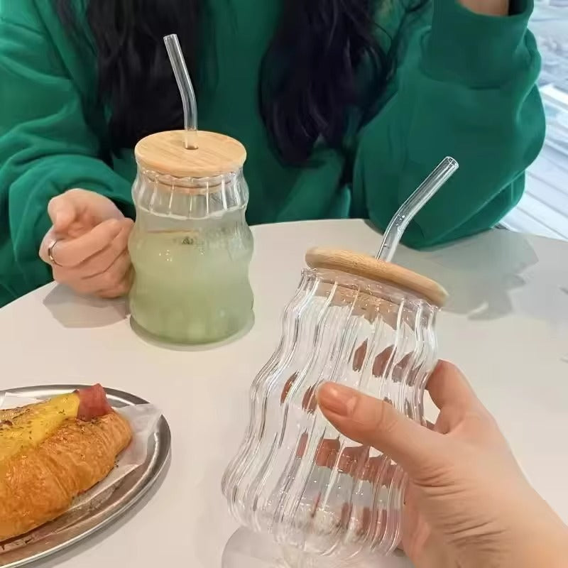 Glass Retro French Style Glass Cups, Vintage Drinking Glassware with Wave Shape Design.
