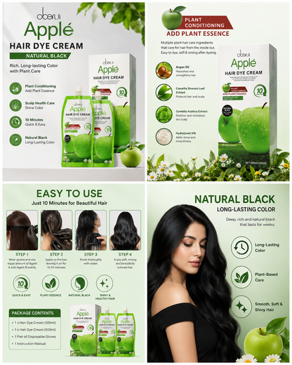Oberui Apple Plant Essence Hair Dye Cream – Natural Black Long-Lasting Hair Color (500ml + 500ml)