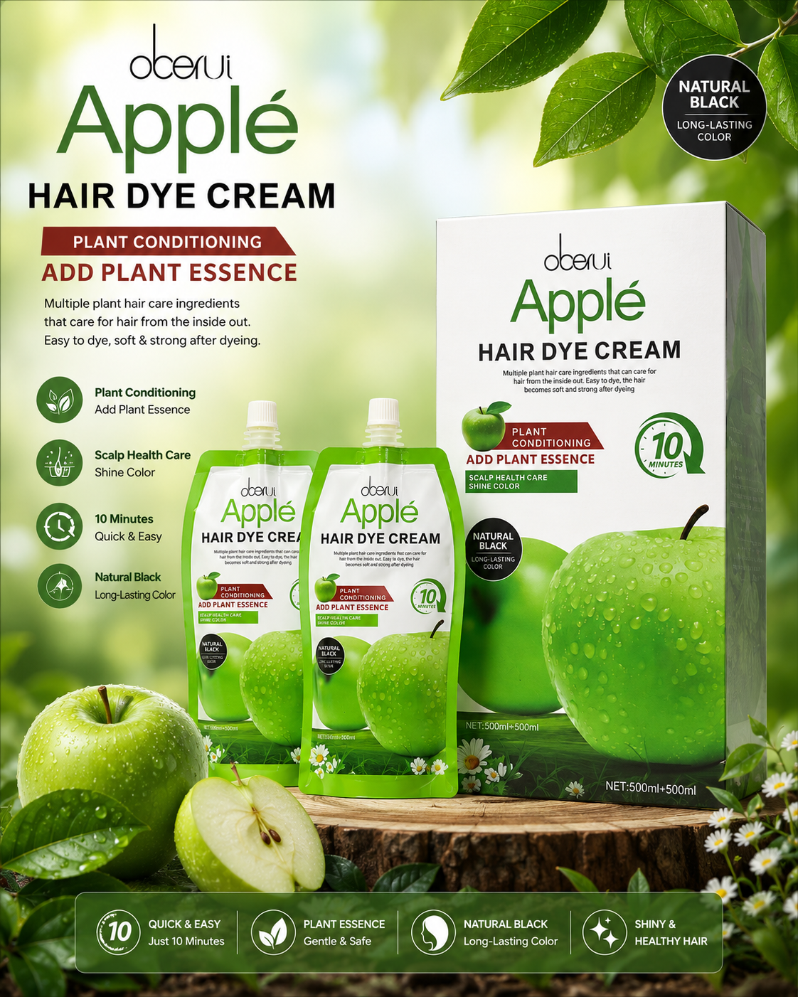 Oberui Apple Plant Essence Hair Dye Cream – Natural Black Long-Lasting Hair Color (500ml + 500ml)