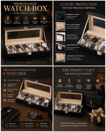 Premium 6-Slot Luxury Watch Storage & Display Box with Glass Lid