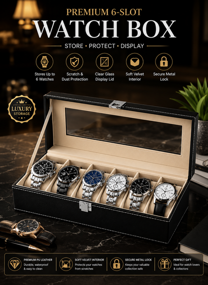 Premium 6-Slot Luxury Watch Storage & Display Box with Glass Lid