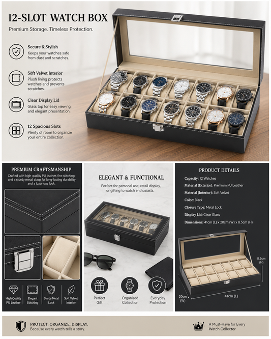 Premium 12-Slot Watch Box Organizer with Glass Display Lid – Black PU Leather