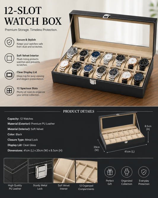 Premium 12-Slot Watch Box Organizer with Glass Display Lid – Black PU Leather