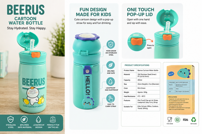 BEERUS Cartoon Kids Water Bottle Stainless Steel Insulated Water Bottle with Straw – Leakproof Vacuum Flask.(580ml)