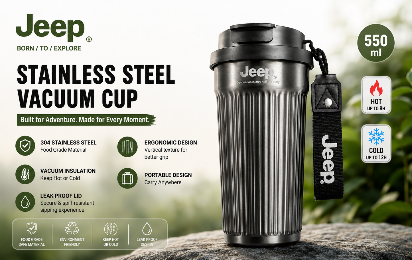 Jeep 550ml Stainless Steel Vacuum Insulated Travel Mug