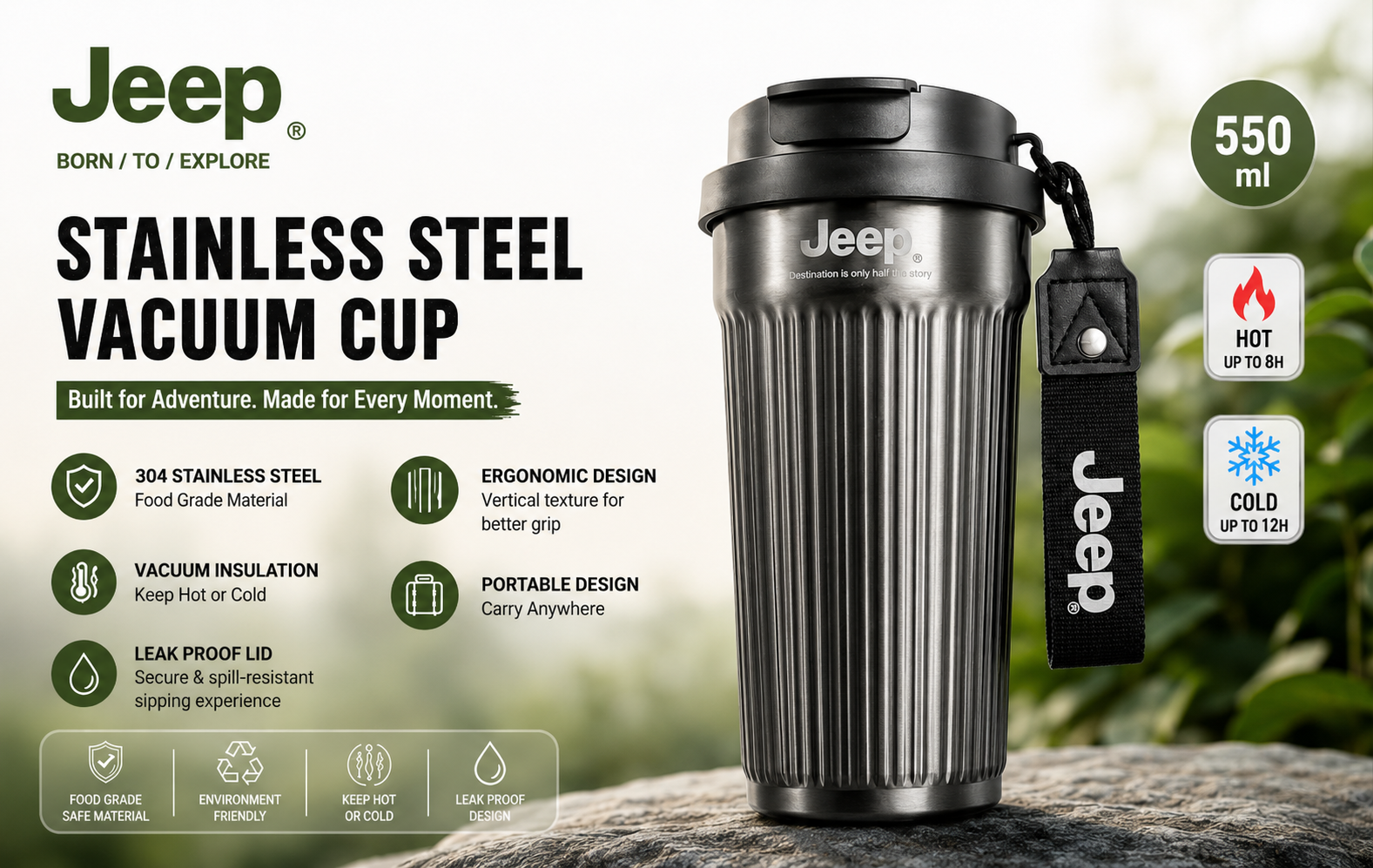 Jeep 550ml Stainless Steel Vacuum Insulated Travel Mug