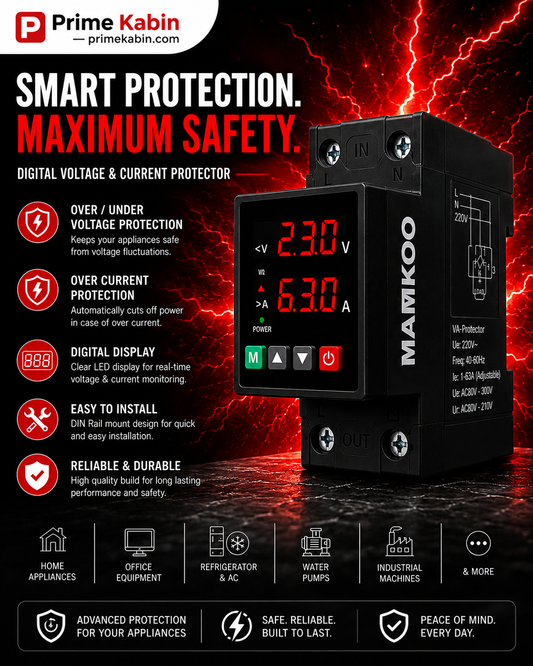 Namkoo Digital Voltage & Current Protector (63A) – Smart Over/Under Voltage Protection.