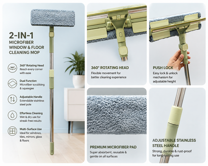 2-in-1 Microfiber Window & Floor Cleaning Mop with & Extendable 58-Inch Stainless Steel Handle