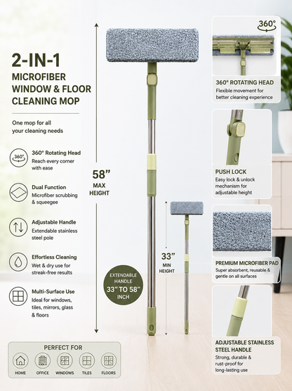2-in-1 Microfiber Window & Floor Cleaning Mop with & Extendable 58-Inch Stainless Steel Handle