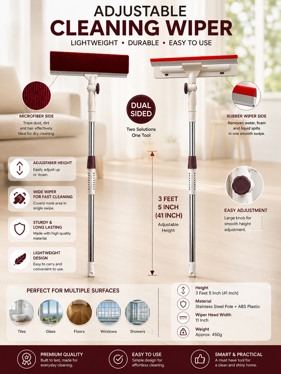 2-in-1 Adjustable Cleaning Wiper – Microfiber & Rubber Dual Side
