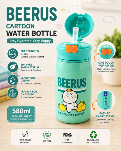 BEERUS Cartoon Kids Water Bottle Stainless Steel Insulated Water Bottle with Straw – Leakproof Vacuum Flask.(580ml)