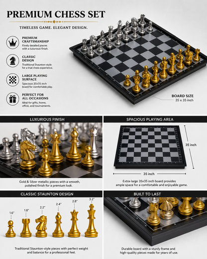 Premium Magnetic Chess Set – Gold & Silver Metallic Pieces | 14" x 14" inch Folding Board.