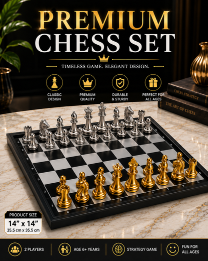 Premium Magnetic Chess Set – Gold & Silver Metallic Pieces | 14" x 14" inch Folding Board.