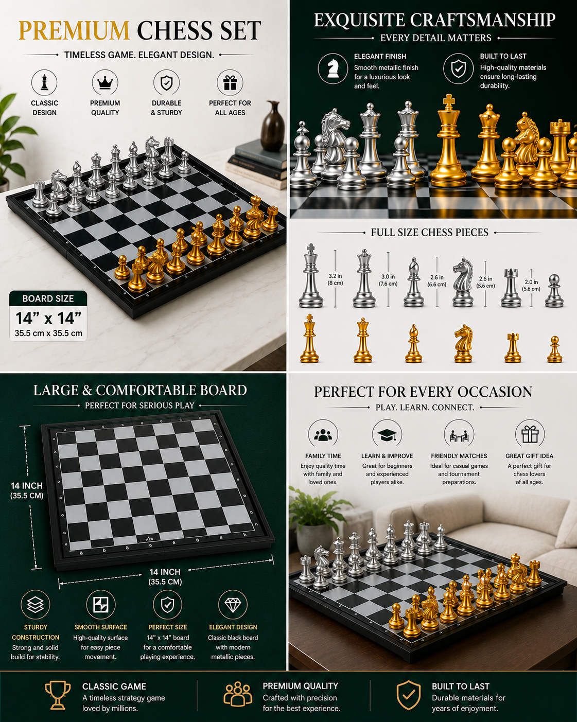 Premium Magnetic Chess Set – Gold & Silver Metallic Pieces | 14" x 14" inch Folding Board