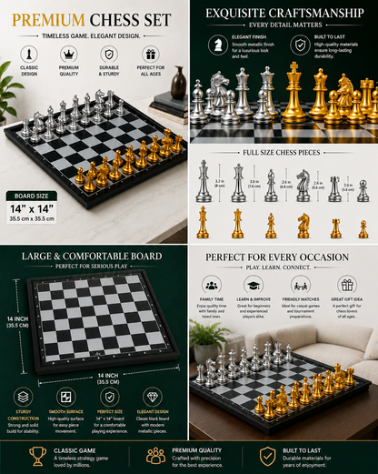 Premium Magnetic Chess Set – Gold & Silver Metallic Pieces | 14" x 14" inch Folding Board.