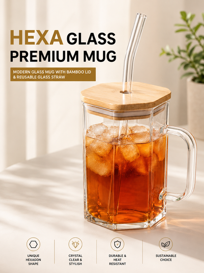 Premium Glass Mug with Bamboo Lid & Reusable Glass Straw. 400ml