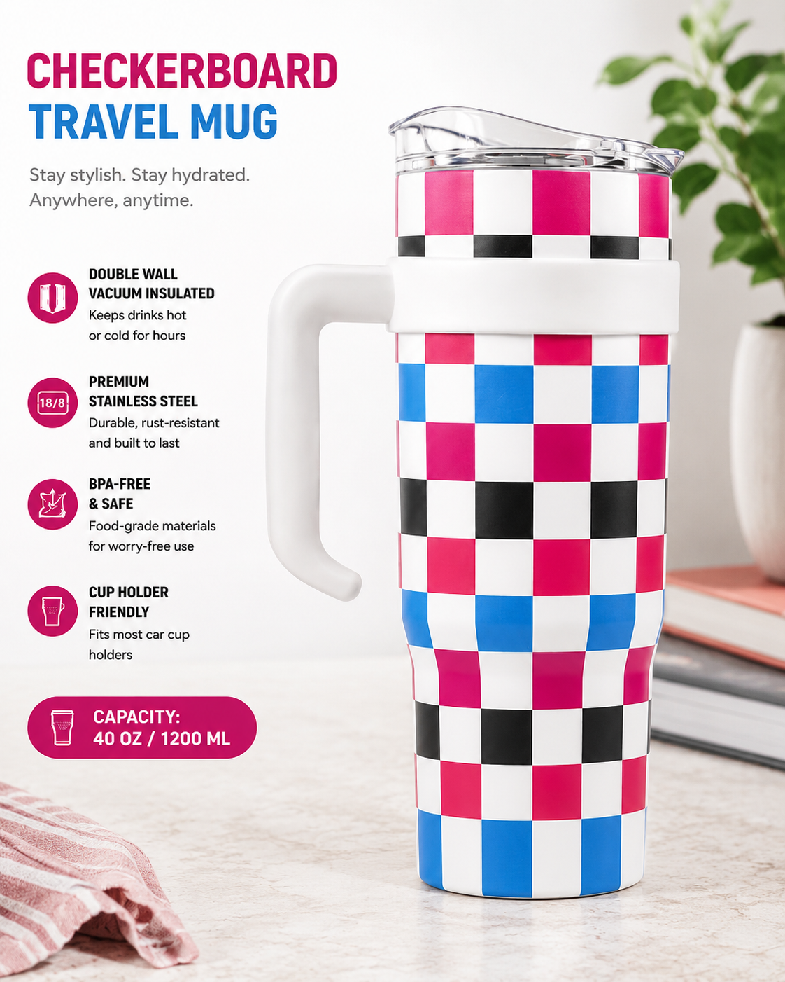 CheckerPop Stainless Steel Travel Mug/Tumbler – 1200ml