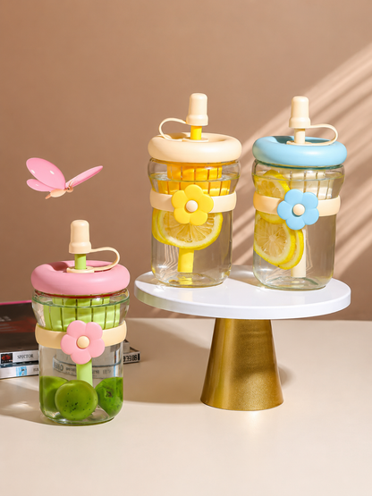 Flower-Shaped Glass Coffee Mug with Bamboo Lid & Glass Straw | 17oz Reusable Iced Coffee & Beverage Cup