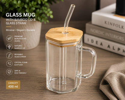 Premium Glass Mug with Bamboo Lid & Reusable Glass Straw. 400ml