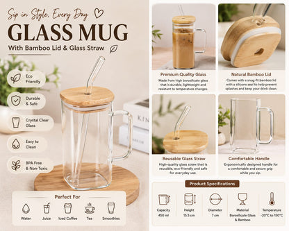 Clear Glass Square Cup With Lids and Straws, 400ml.