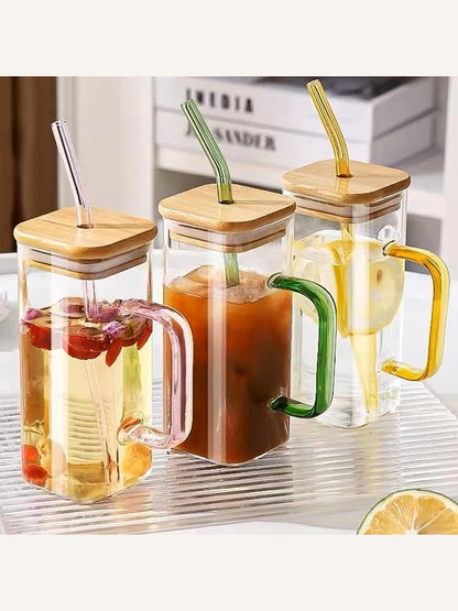 Clear Glass Square Cup With Lids and Straws, 400ml.