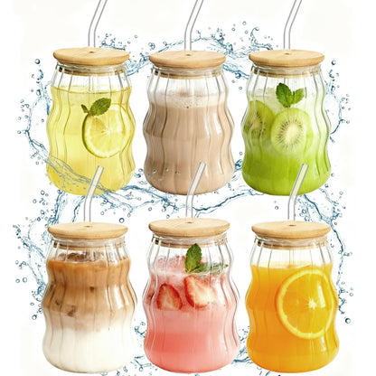 Glass Retro French Style Glass Cups, Vintage Drinking Glassware with Wave Shape Design.