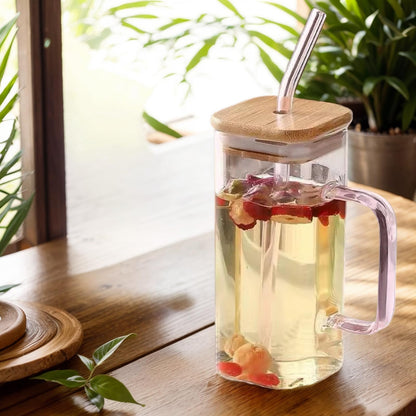 Clear Glass Square Cup With Lids and Straws, 400ml.