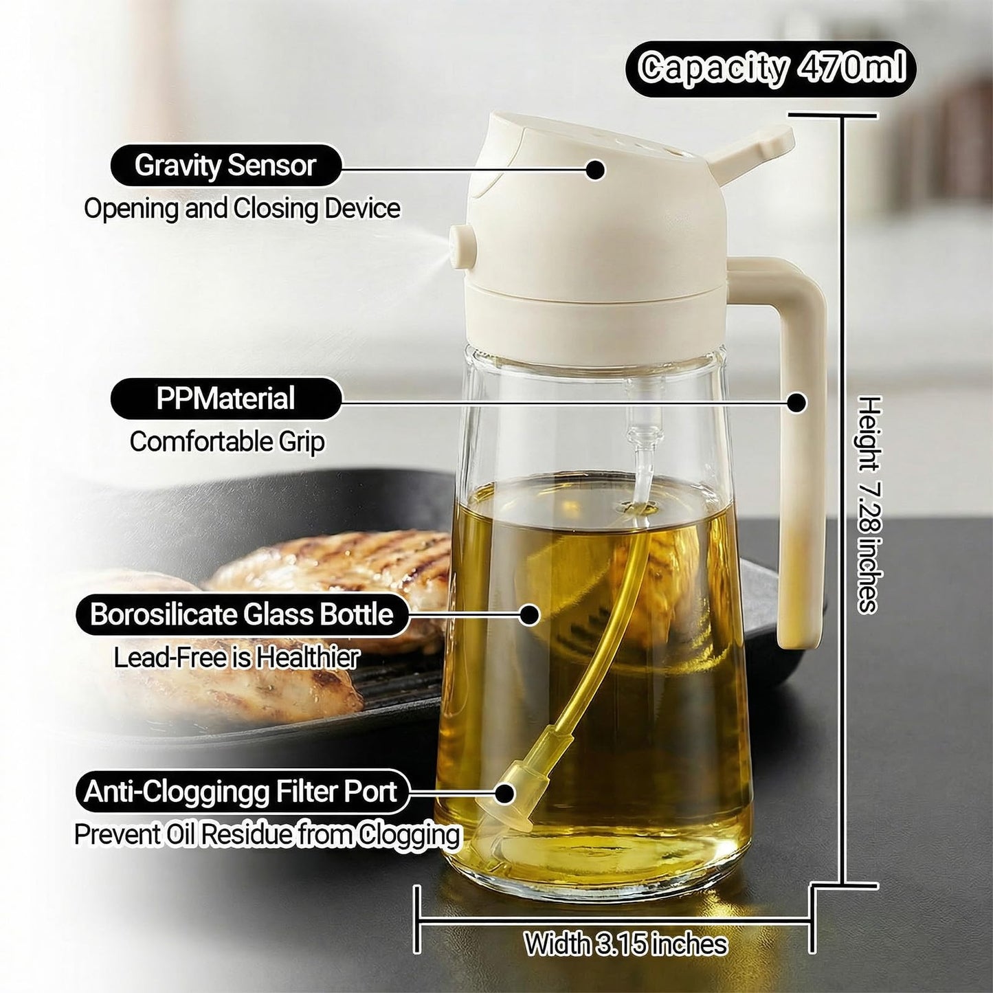 2 in 1 Oil Spray Bottle & Oil Dispenser – 500ML Glass Oil Sprayer for Cooking