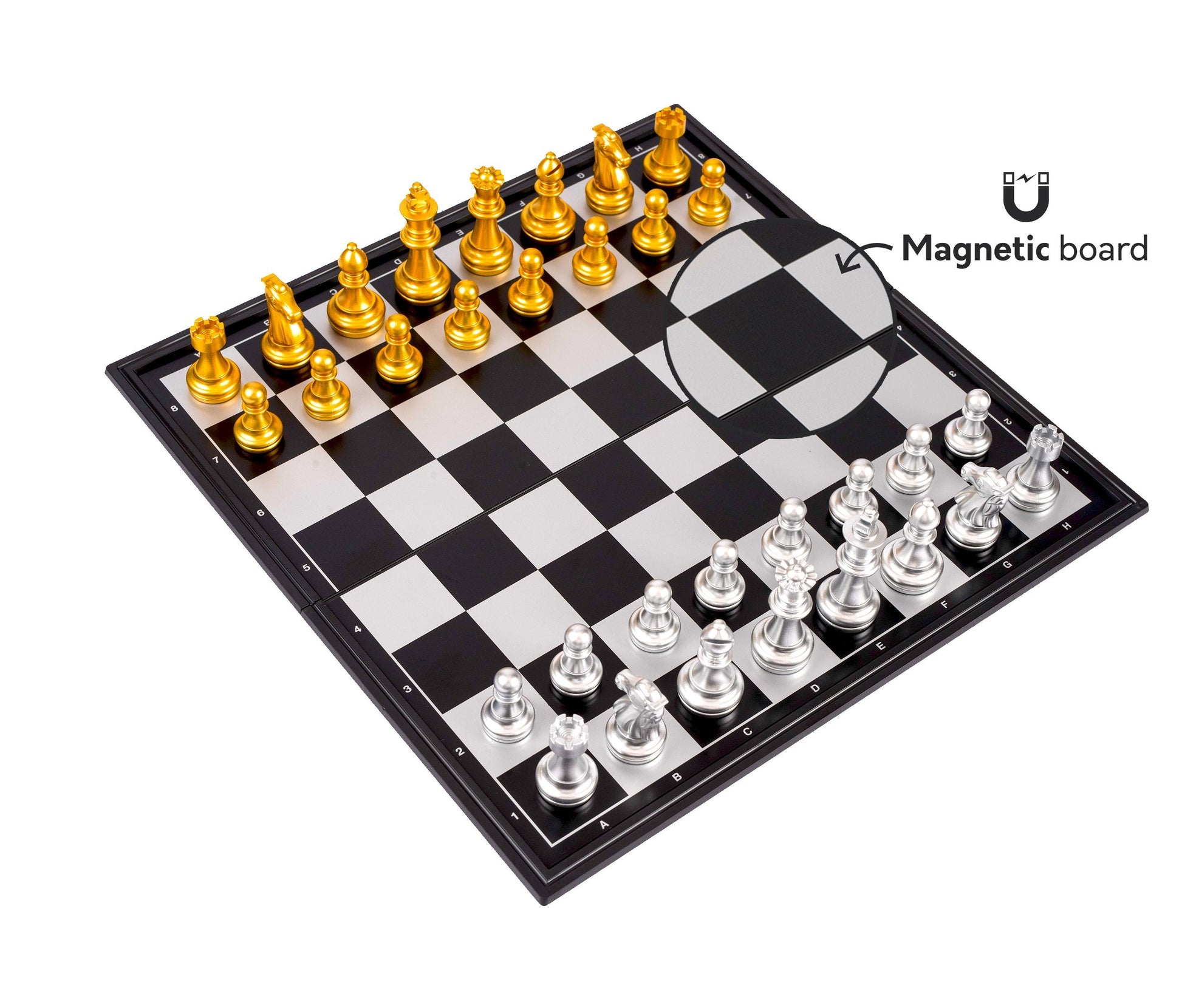 Premium Magnetic Chess Set – Gold & Silver Metallic Pieces | 8" x 8" inch Folding Board
