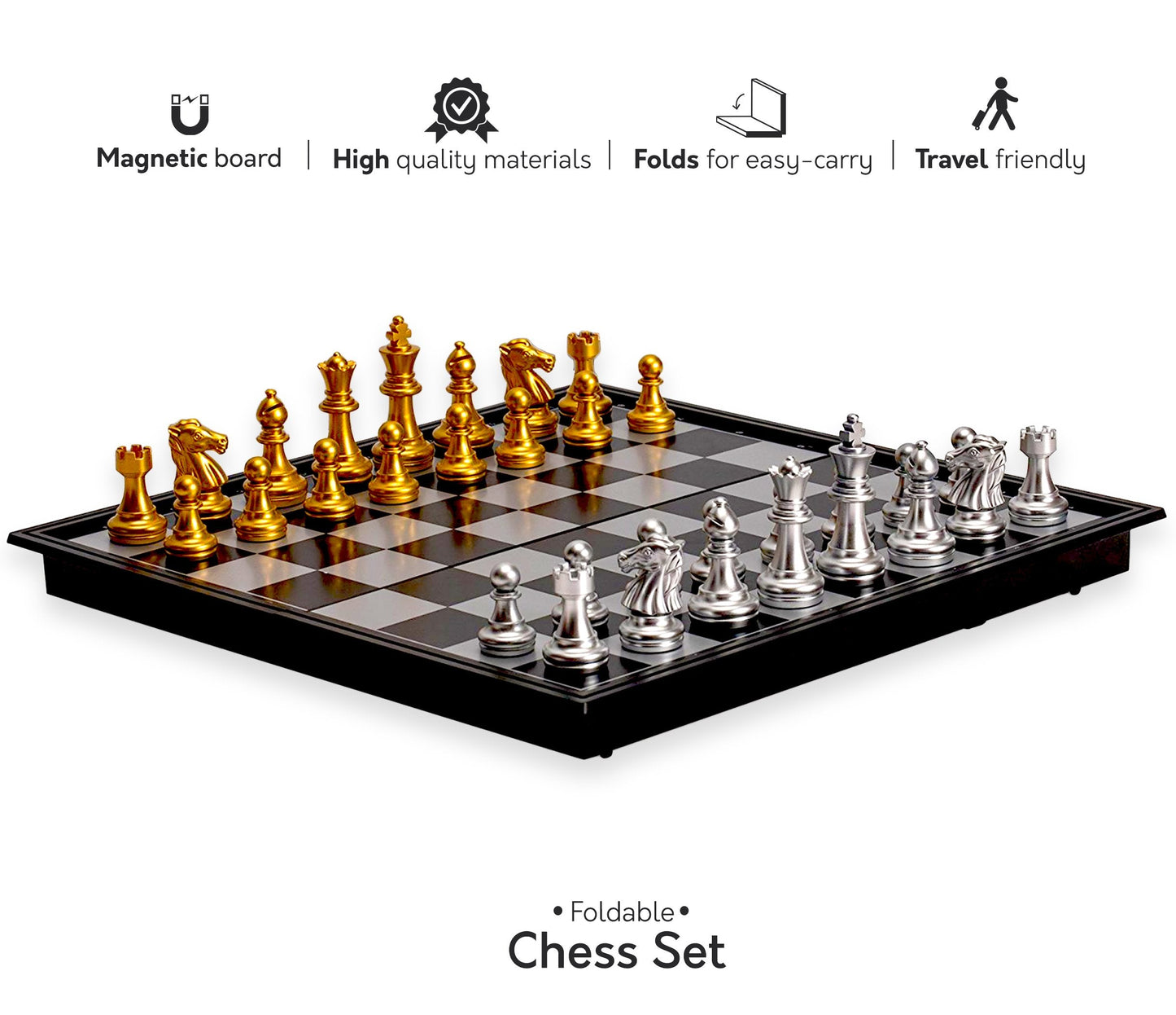 Premium Magnetic Chess Set – Gold & Silver Metallic Pieces | 8" x 8" inch Folding Board
