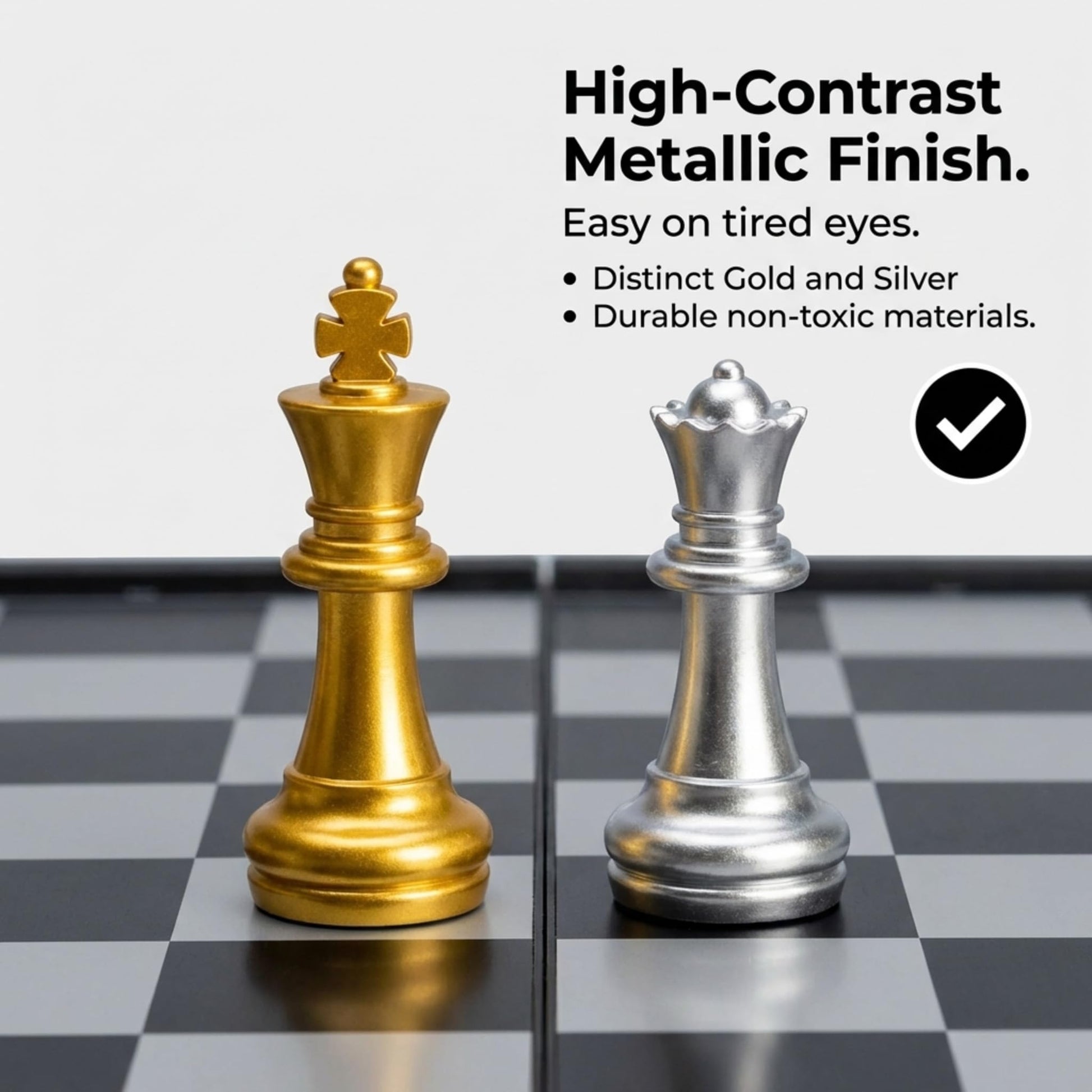 Premium Magnetic Chess Set – Gold & Silver Metallic Pieces | 8" x 8" inch Folding Board