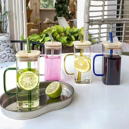 Clear Glass Square Cup With Lids and Straws, 400ml.