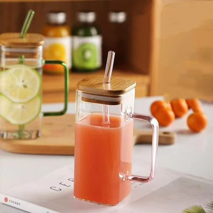 Clear Glass Square Cup With Lids and Straws, 400ml.