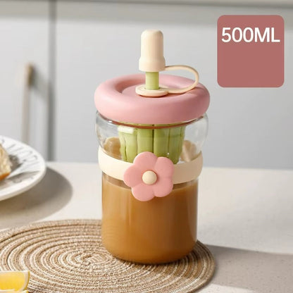 Flower-Shaped Glass Coffee Mug with Bamboo Lid & Glass Straw | 17oz Reusable Iced Coffee & Beverage Cup
