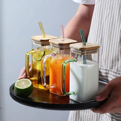Clear Glass Square Cup With Lids and Straws, 400ml.